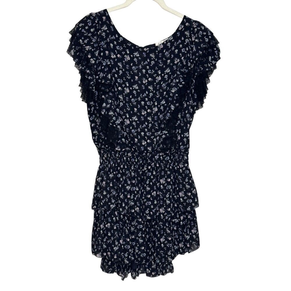 Loveshackfancy Black Floral Katie Mini Dress Size XS Lace Short Sleeve Ruffle